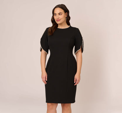 Plus Size Crepe Midi Length Sheath Dress With Pearly Trim In Black