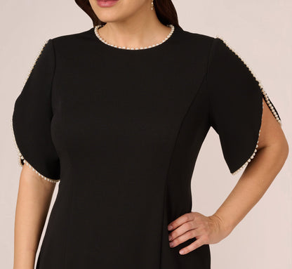 Plus Size Crepe Midi Length Sheath Dress With Pearly Trim In Black