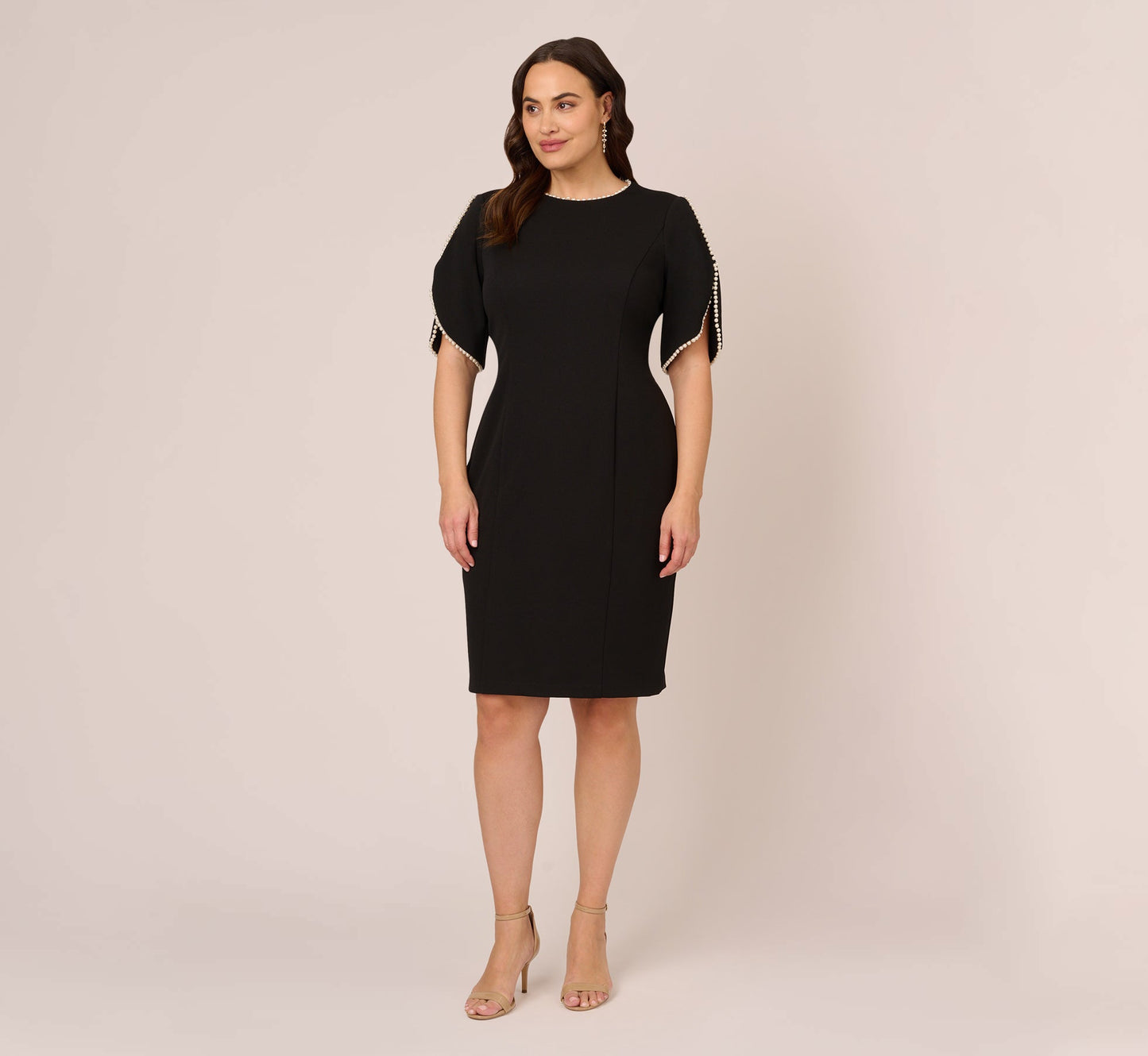 Plus Size Crepe Midi Length Sheath Dress With Pearly Trim In Black