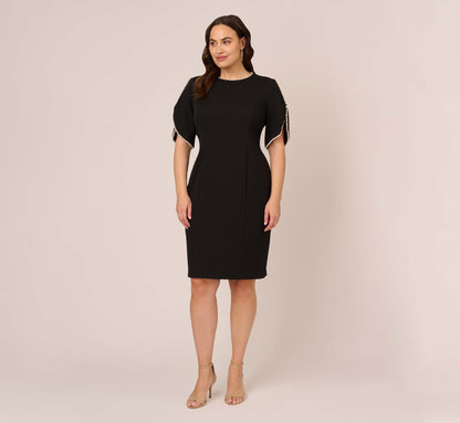 Plus Size Crepe Midi Length Sheath Dress With Pearly Trim In Black
