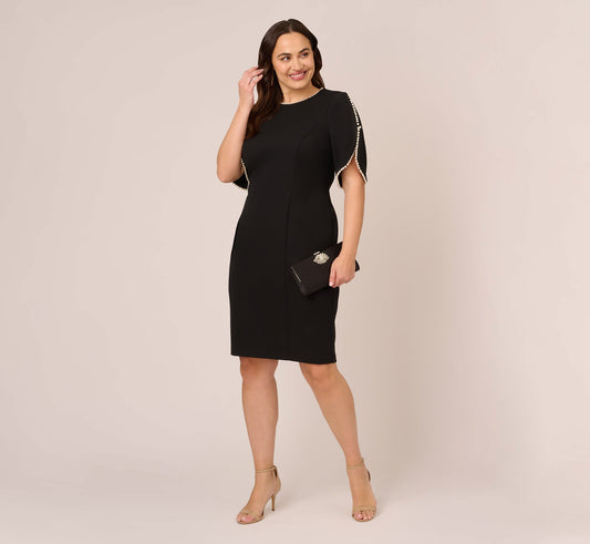Plus Size Crepe Midi Length Sheath Dress With Pearly Trim In Black