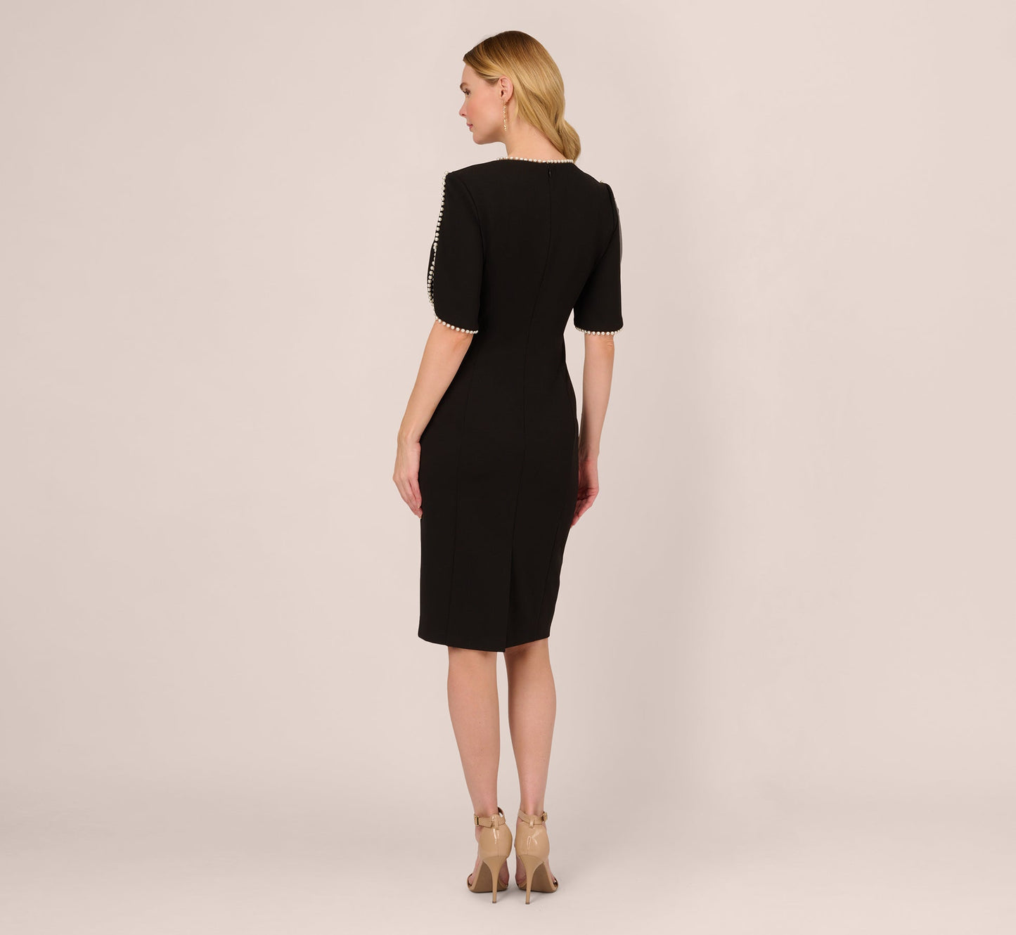Crepe Midi Length Sheath Dress With Pearly Trim In Black