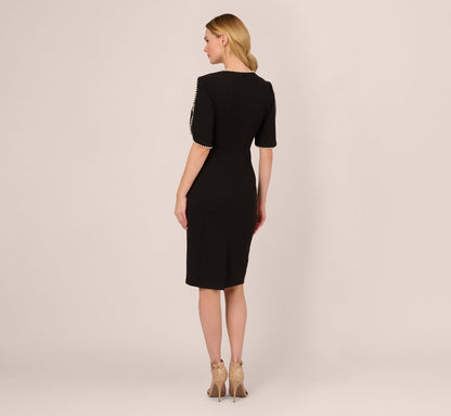 Crepe Midi Length Sheath Dress With Pearly Trim In Black