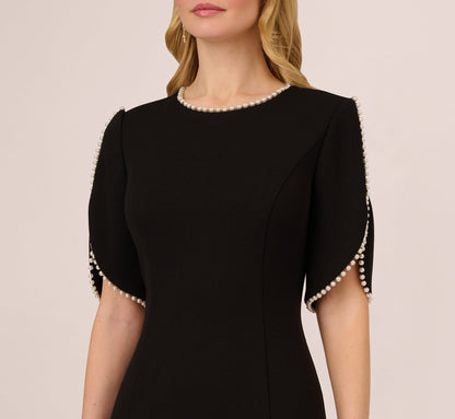 Crepe Midi Length Sheath Dress With Pearly Trim In Black