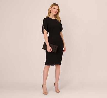 Crepe Midi Length Sheath Dress With Pearly Trim In Black