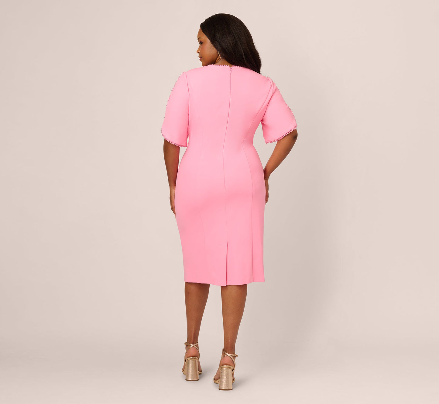 Plus Size Crepe Midi Length Sheath Dress With Pearl Trimmed Sleeves In Cherry Blossom