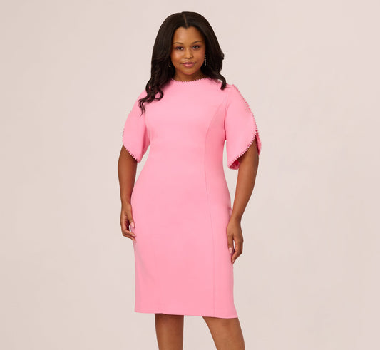 Plus Size Crepe Midi Length Sheath Dress With Pearl Trimmed Sleeves In Cherry Blossom