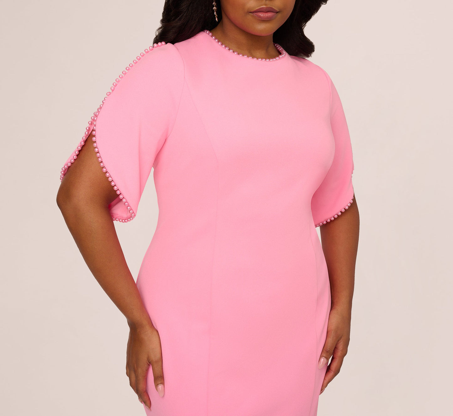 Plus Size Crepe Midi Length Sheath Dress With Pearl Trimmed Sleeves In Cherry Blossom