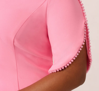 Plus Size Crepe Midi Length Sheath Dress With Pearl Trimmed Sleeves In Cherry Blossom