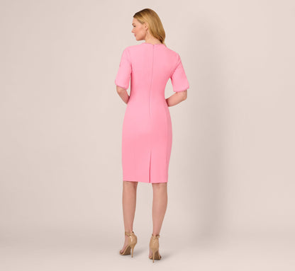 Crepe Midi Length Sheath Dress With Pearl Trimmed Sleeves In Cherry Blossom