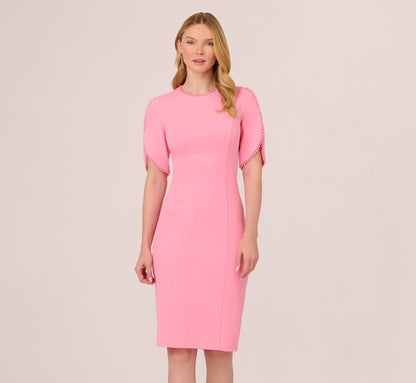 Crepe Midi Length Sheath Dress With Pearl Trimmed Sleeves In Cherry Blossom