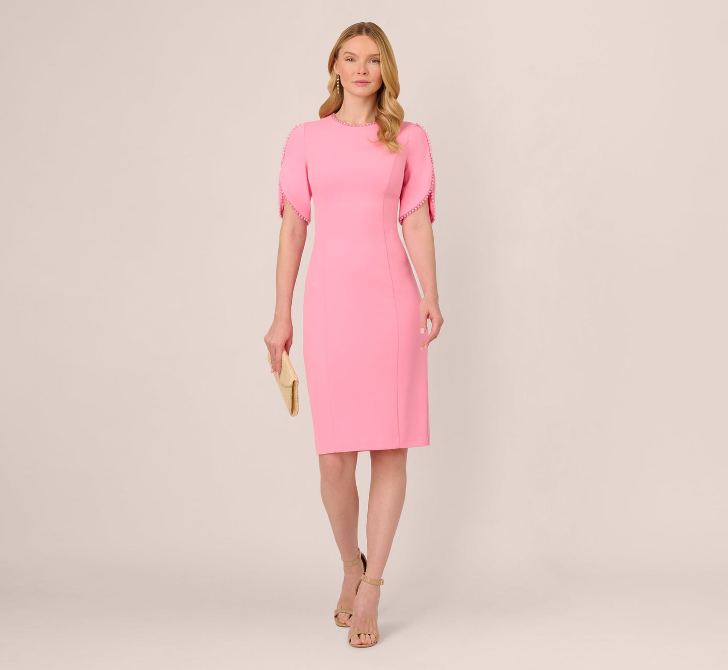 Crepe Midi Length Sheath Dress With Pearl Trimmed Sleeves In Cherry Blossom