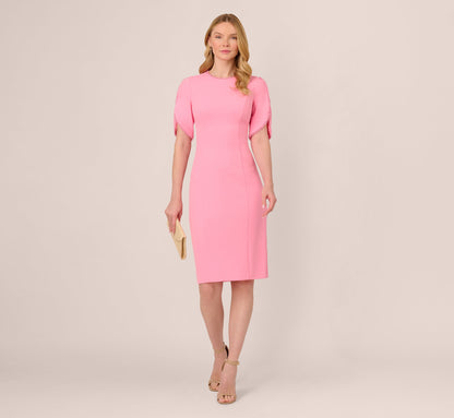 Crepe Midi Length Sheath Dress With Pearl Trimmed Sleeves In Cherry Blossom