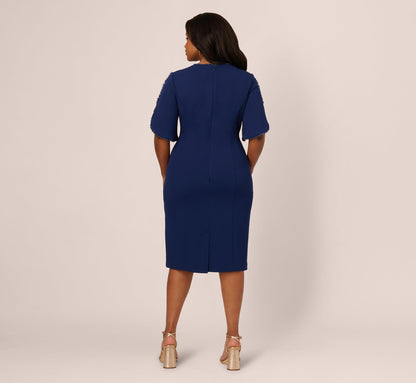 Plus Size Crepe Midi Length Sheath Dress With Pearl Trimmed Sleeves In Navy Sateen