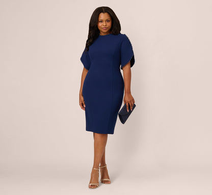 Plus Size Crepe Midi Length Sheath Dress With Pearl Trimmed Sleeves In Navy Sateen