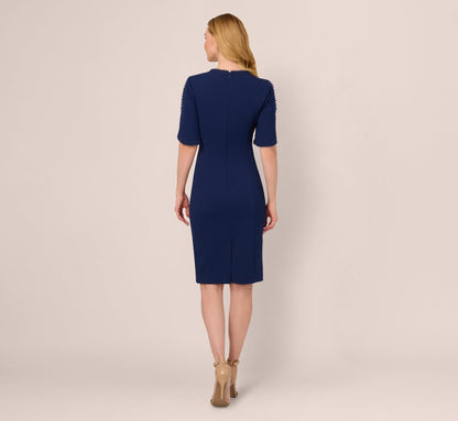 Crepe Midi Length Sheath Dress With Pearl Trimmed Sleeves In Navy Sateen