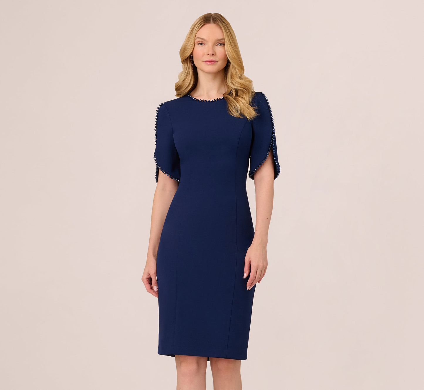 Crepe Midi Length Sheath Dress With Pearl Trimmed Sleeves In Navy Sateen