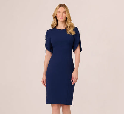 Crepe Midi Length Sheath Dress With Pearl Trimmed Sleeves In Navy Sateen