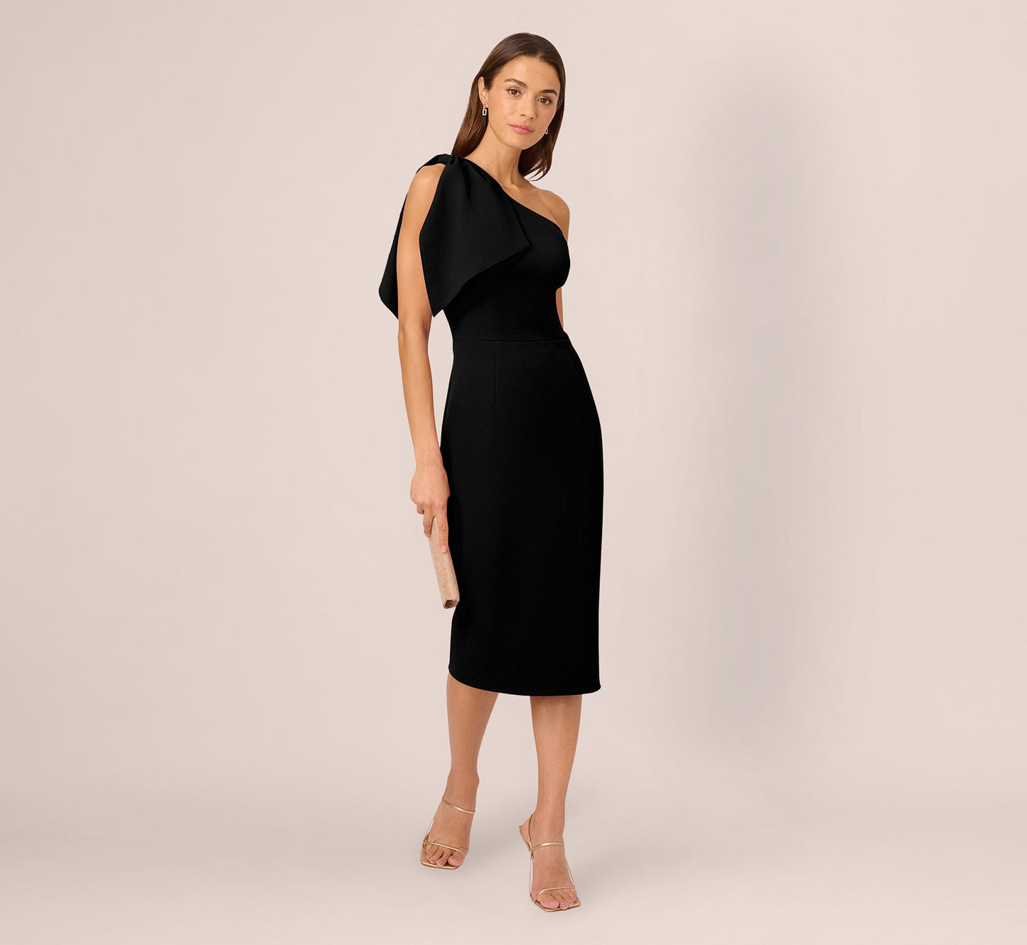 One Shoulder Midi Dress With Bow Accent In Black