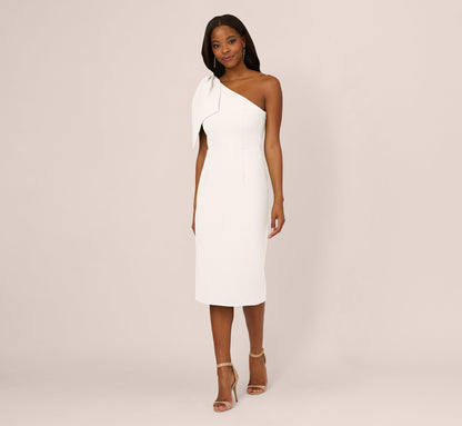 One Shoulder Midi Dress With Bow Accent In Ivory