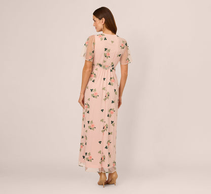 Floral Embroidered Maxi Dress With Sheer Flutter Sleeves In Blush Multi