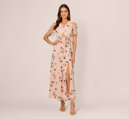 Floral Embroidered Maxi Dress With Sheer Flutter Sleeves In Blush Multi