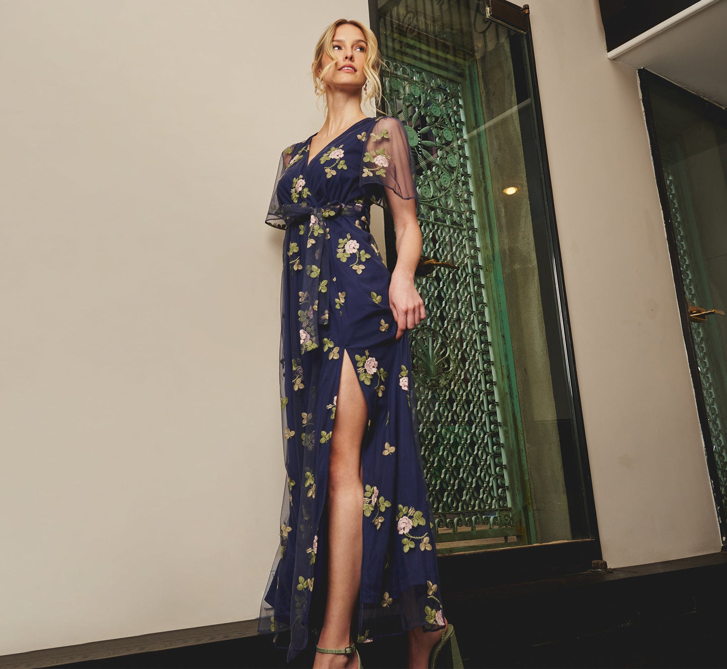 Floral Embroidered Maxi Dress With Sheer Flutter Sleeves In Navy Multi