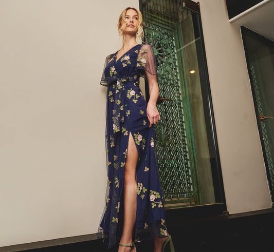 Floral Embroidered Maxi Dress With Sheer Flutter Sleeves In Navy Multi