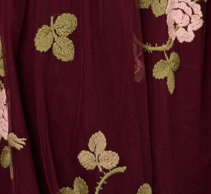 Floral Embroidered Maxi Dress With Sheer Flutter Sleeves In Burgundy Multi