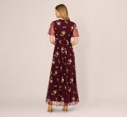 Floral Embroidered Maxi Dress With Sheer Flutter Sleeves In Burgundy Multi