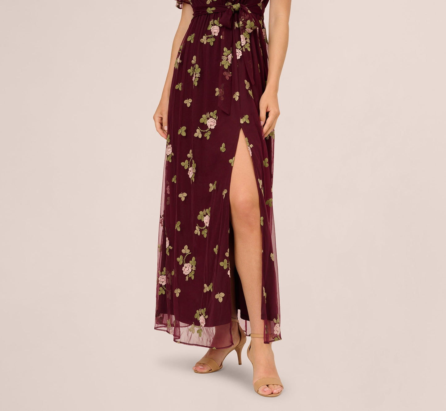 Floral Embroidered Maxi Dress With Sheer Flutter Sleeves In Burgundy Multi
