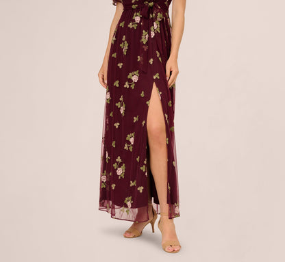 Floral Embroidered Maxi Dress With Sheer Flutter Sleeves In Burgundy Multi