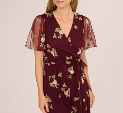 Floral Embroidered Maxi Dress With Sheer Flutter Sleeves In Burgundy Multi