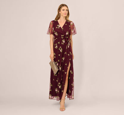 Floral Embroidered Maxi Dress With Sheer Flutter Sleeves In Burgundy Multi