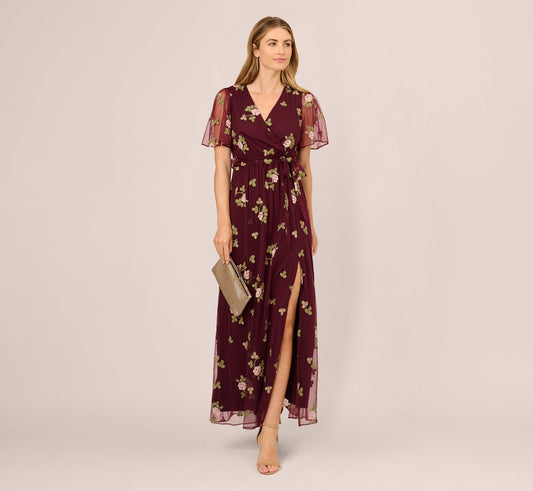 Floral Embroidered Maxi Dress With Sheer Flutter Sleeves In Burgundy Multi