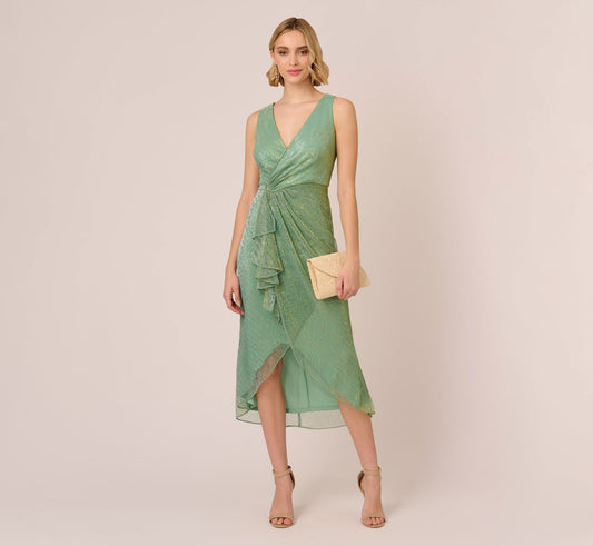 Crinkle Metallic Faux Wrap Dress With Draped Detail In Green Slate