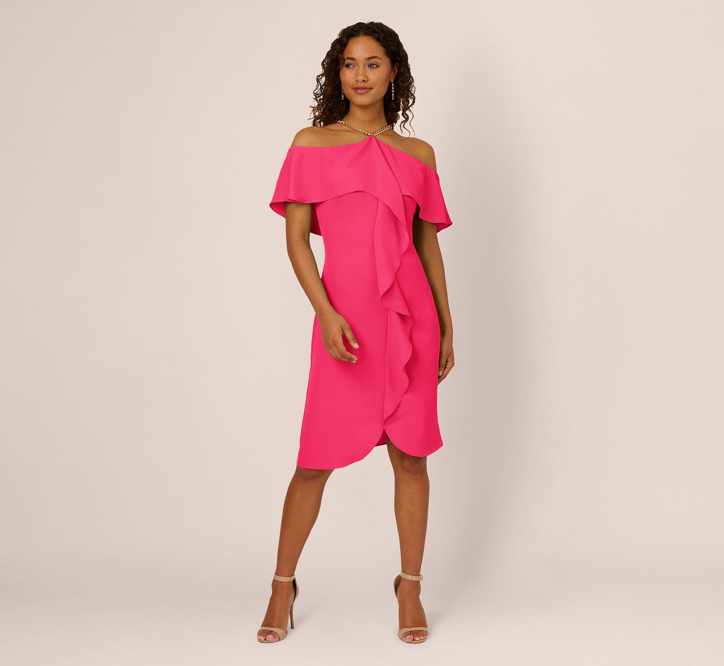 Ruffle Popover Midi Dress With Chain Halter Neckline In Electric Pink