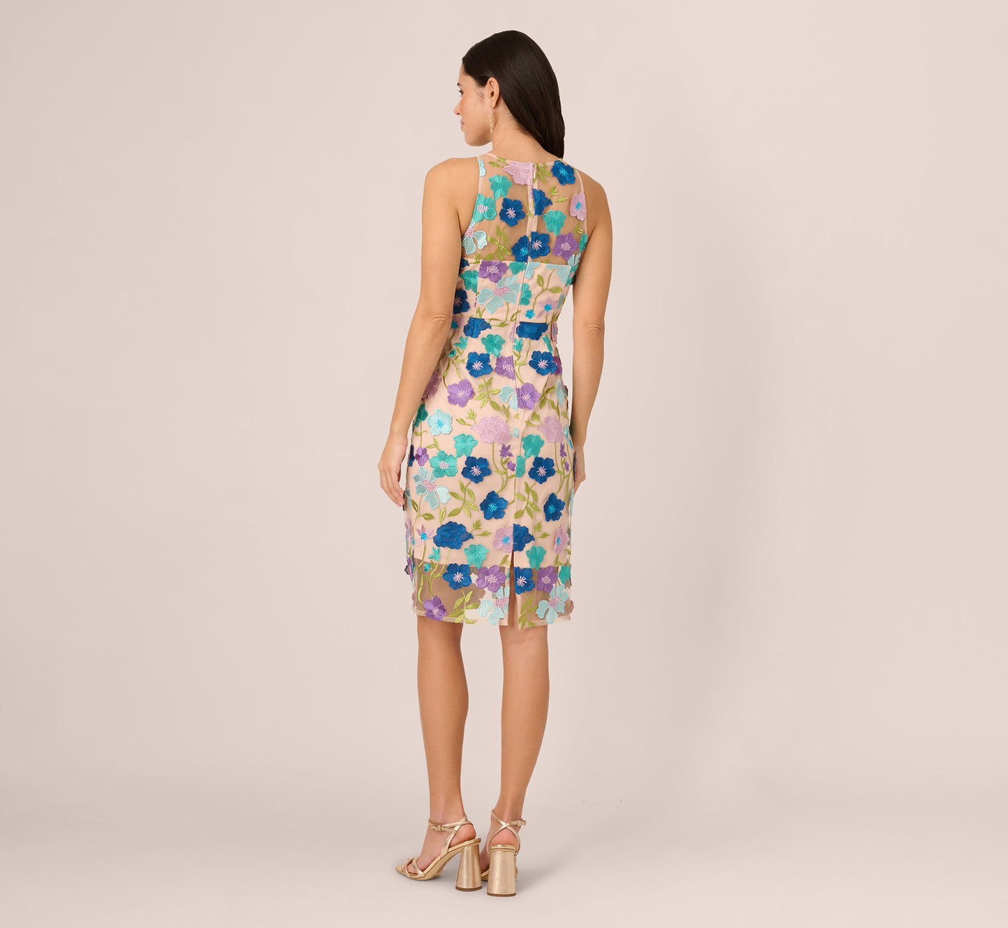 Multicolor Floral Embroidered Halter Midi Dress In Blue Multi