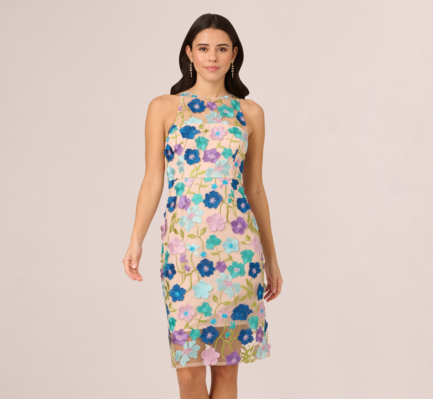 Multicolor Floral Embroidered Halter Midi Dress In Blue Multi