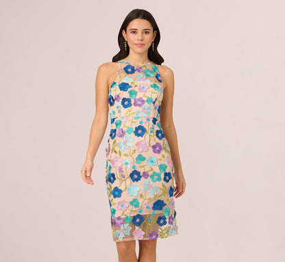 Multicolor Floral Embroidered Halter Midi Dress In Blue Multi