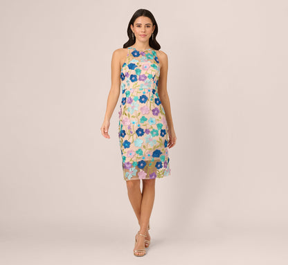 Multicolor Floral Embroidered Halter Midi Dress In Blue Multi