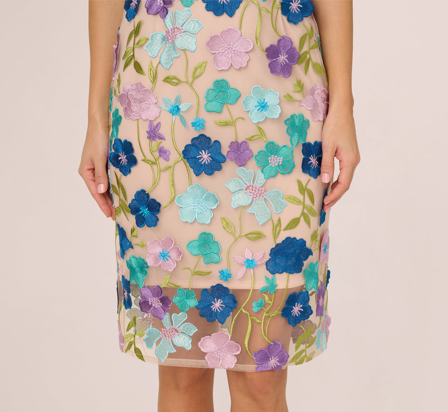 Multicolor Floral Embroidered Halter Midi Dress In Blue Multi