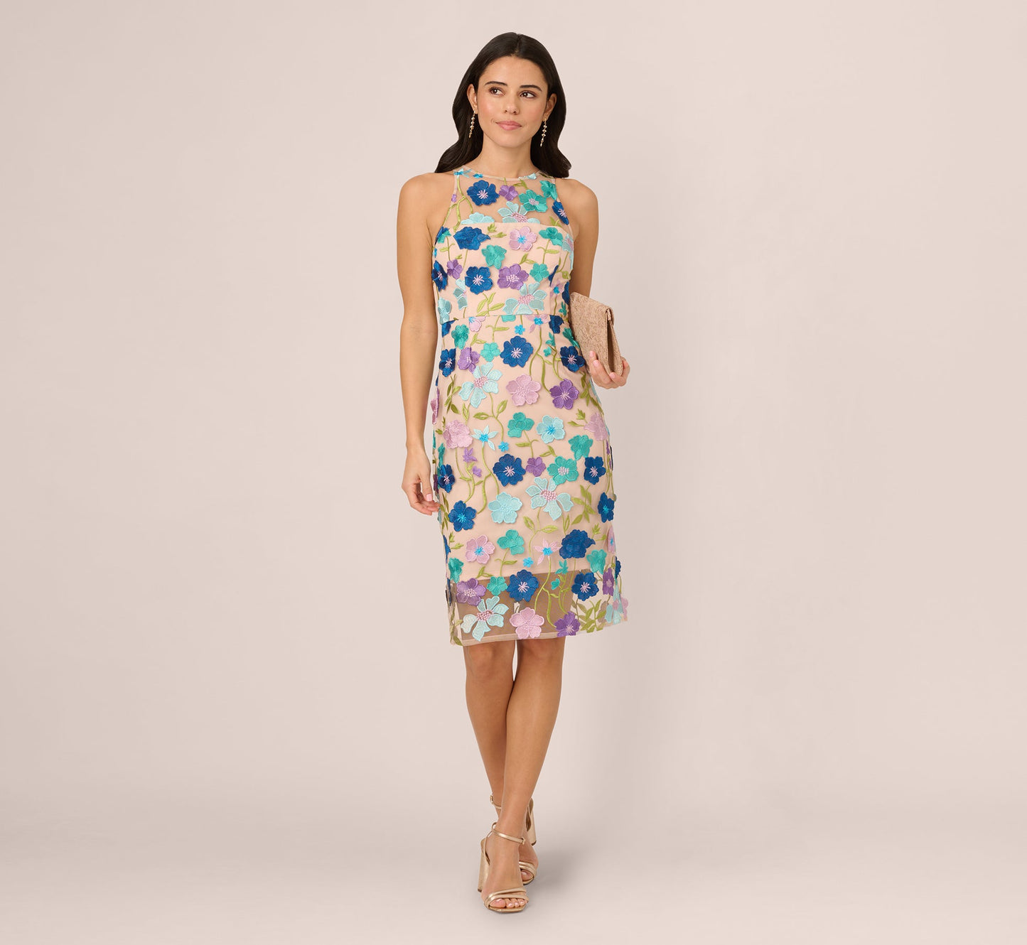 Multicolor Floral Embroidered Halter Midi Dress In Blue Multi