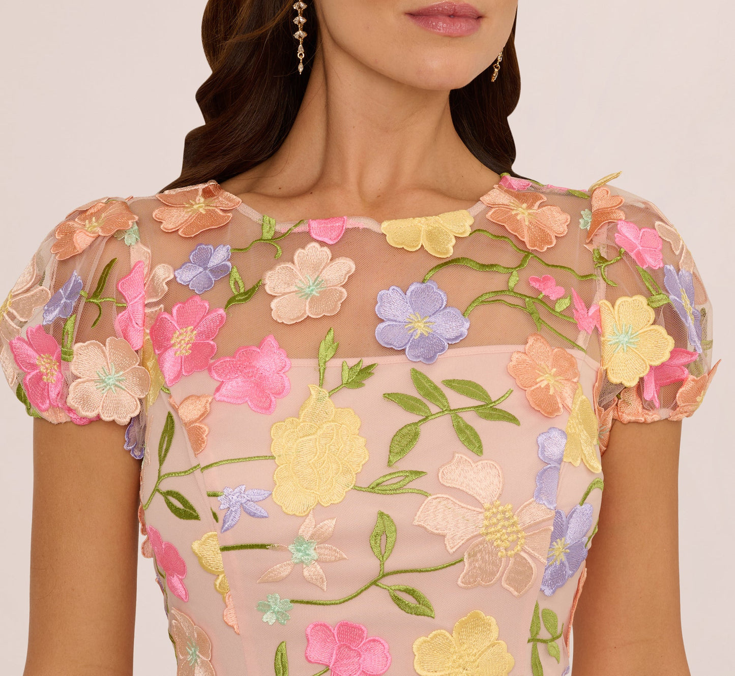 Floral Embroidered Flounce Dress With Sheer Short Sleeves In Nude Multi