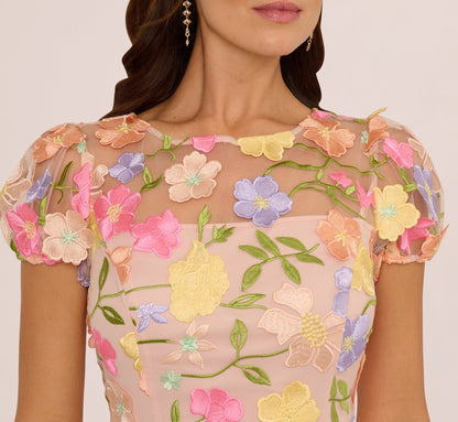 Floral Embroidered Flounce Dress With Sheer Short Sleeves In Nude Multi