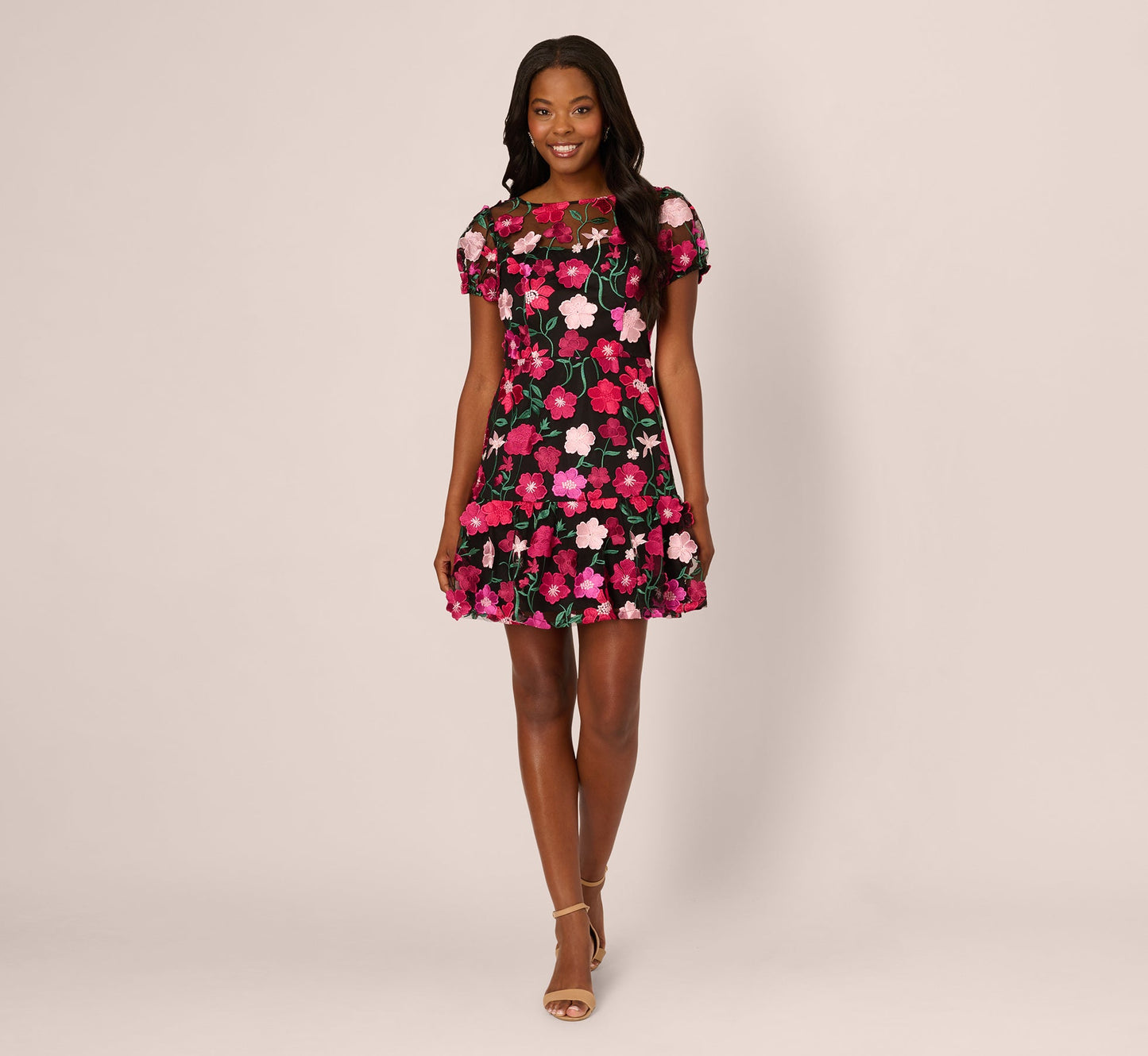 Floral Embroidered Flounce Dress With Sheer Short Sleeves In Black Berry