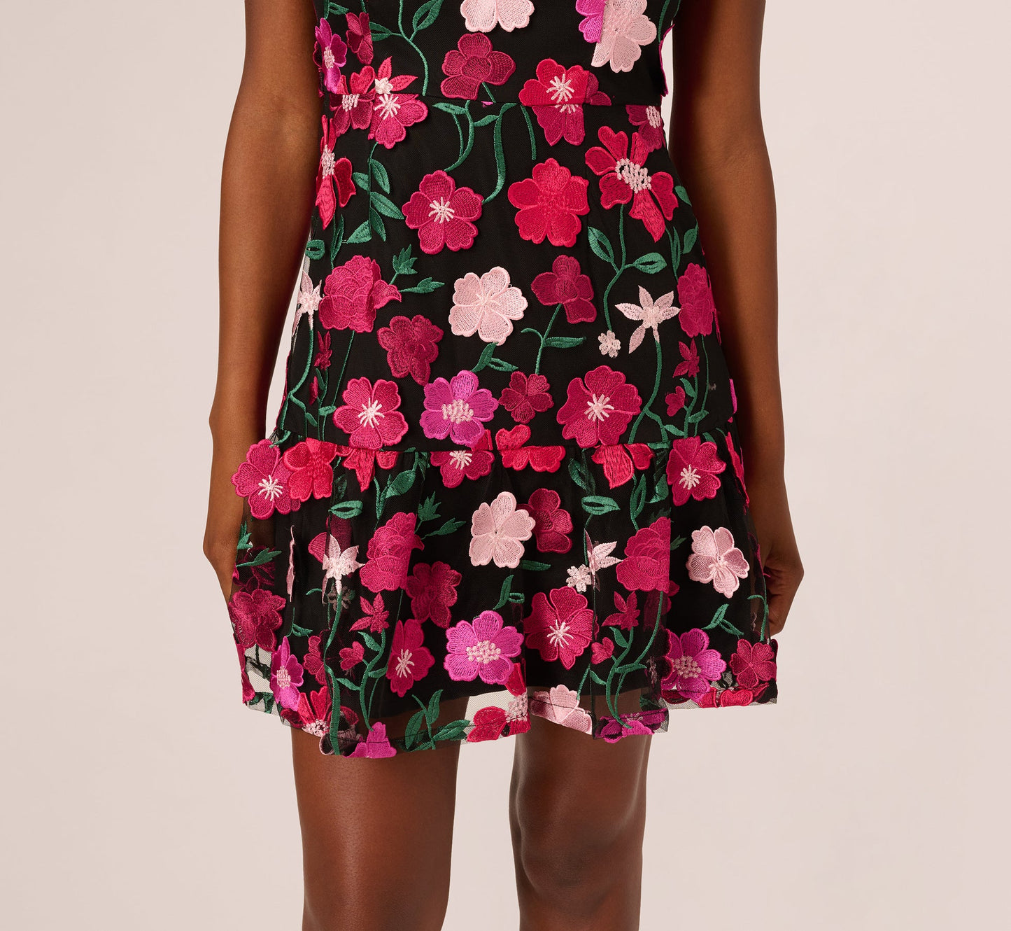 Floral Embroidered Flounce Dress With Sheer Short Sleeves In Black Berry