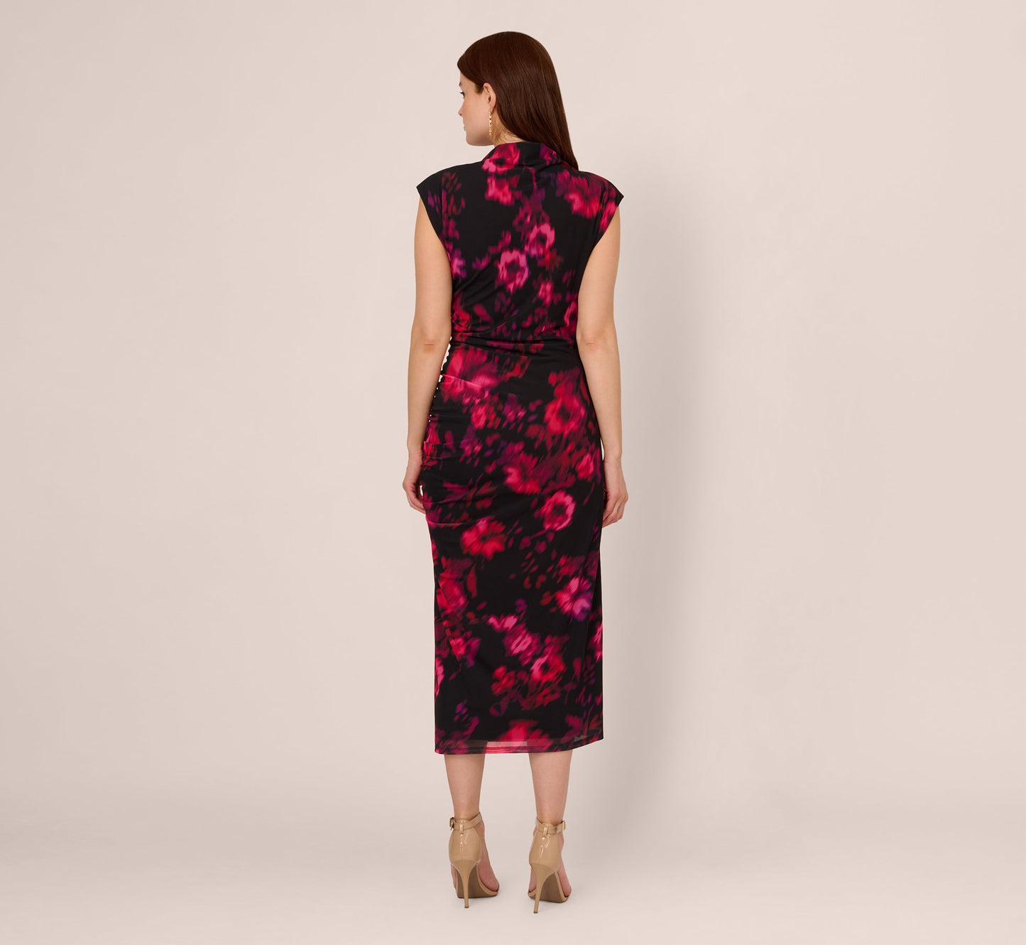 Floral Print Jersey Ankle Length Dress With Draped Details In Black Pink Multi