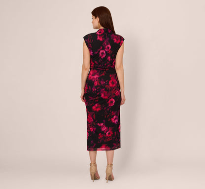 Floral Print Jersey Ankle Length Dress With Draped Details In Black Pink Multi