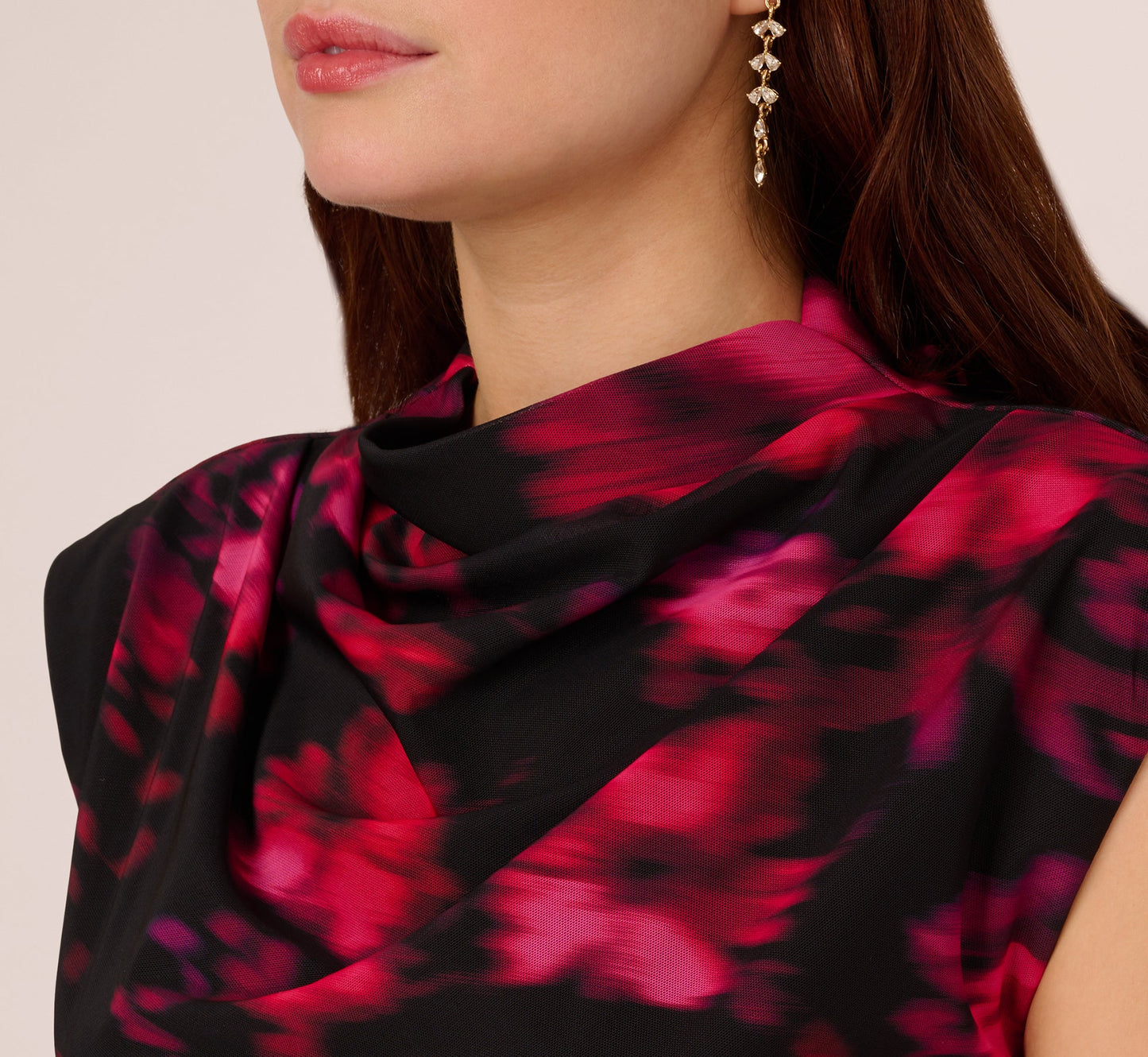 Floral Print Jersey Ankle Length Dress With Draped Details In Black Pink Multi
